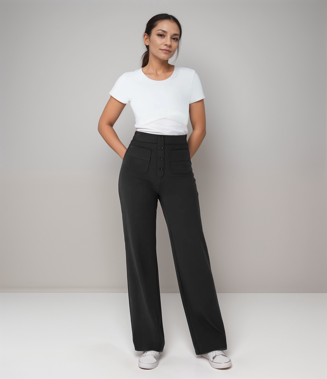 "Trendy hoge taille broek dames, slank silhouet, zwart, superzacht, stretch, zakken, eco-vriendelijk, stijlvol en comfortabel