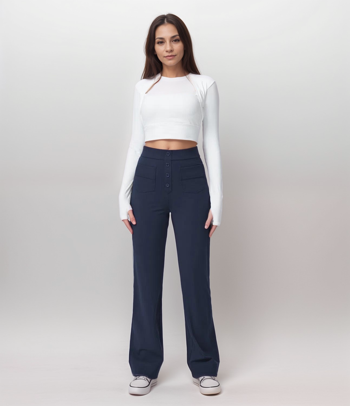 "Trendy hoge taille broek dames, slank silhouet, zwart, superzacht, stretch, zakken, eco-vriendelijk, stijlvol en comfortabel
