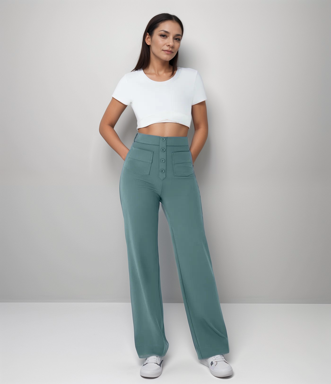 "Trendy hoge taille broek dames, slank silhouet, zwart, superzacht, stretch, zakken, eco-vriendelijk, stijlvol en comfortabel