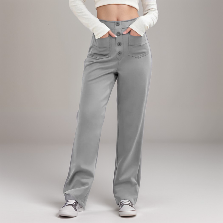 "Trendy hoge taille broek dames, slank silhouet, zwart, superzacht, stretch, zakken, eco-vriendelijk, stijlvol en comfortabel