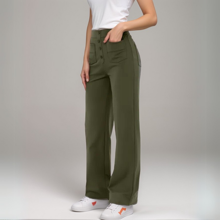 "Trendy hoge taille broek dames, slank silhouet, zwart, superzacht, stretch, zakken, eco-vriendelijk, stijlvol en comfortabel