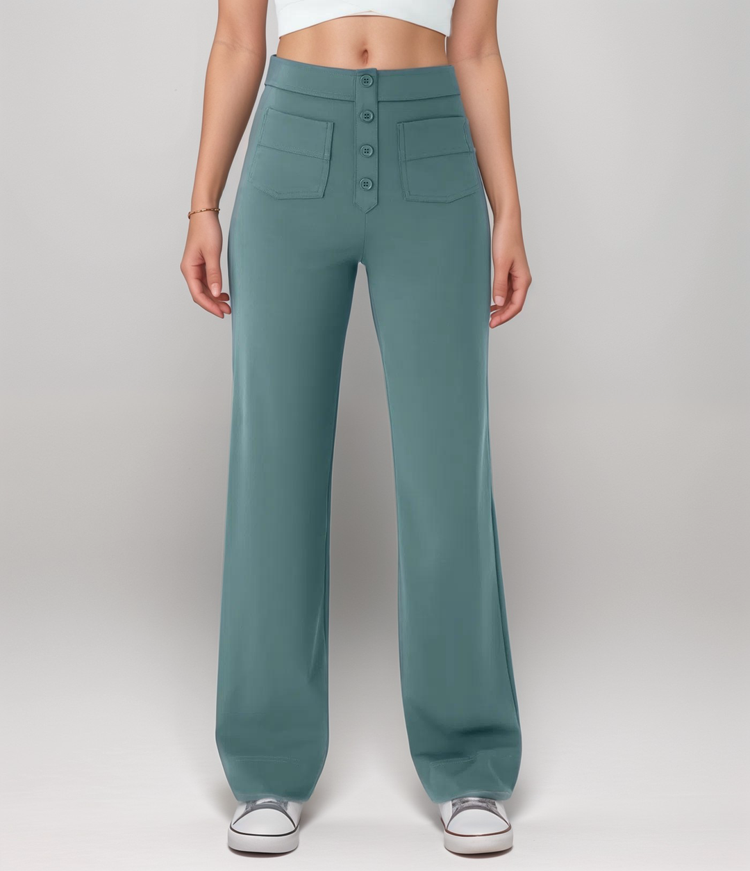 "Trendy hoge taille broek dames, slank silhouet, zwart, superzacht, stretch, zakken, eco-vriendelijk, stijlvol en comfortabel