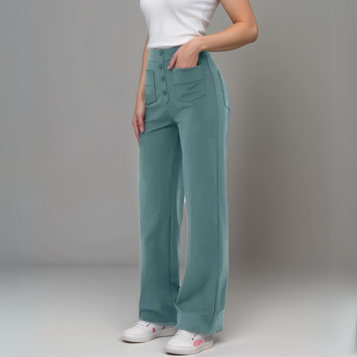 "Trendy hoge taille broek dames, slank silhouet, zwart, superzacht, stretch, zakken, eco-vriendelijk, stijlvol en comfortabel