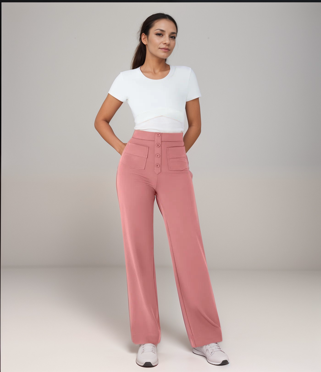 "Trendy hoge taille broek dames, slank silhouet, zwart, superzacht, stretch, zakken, eco-vriendelijk, stijlvol en comfortabel