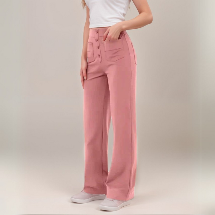 "Trendy hoge taille broek dames, slank silhouet, zwart, superzacht, stretch, zakken, eco-vriendelijk, stijlvol en comfortabel