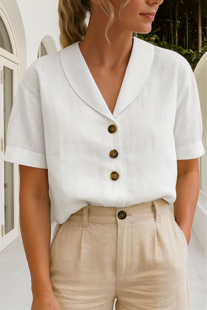 Trendy katoenen-linnen dames T-shirt Maria, regular fit, klassieke effen kleuren, envelophals met elegante knoopjes.