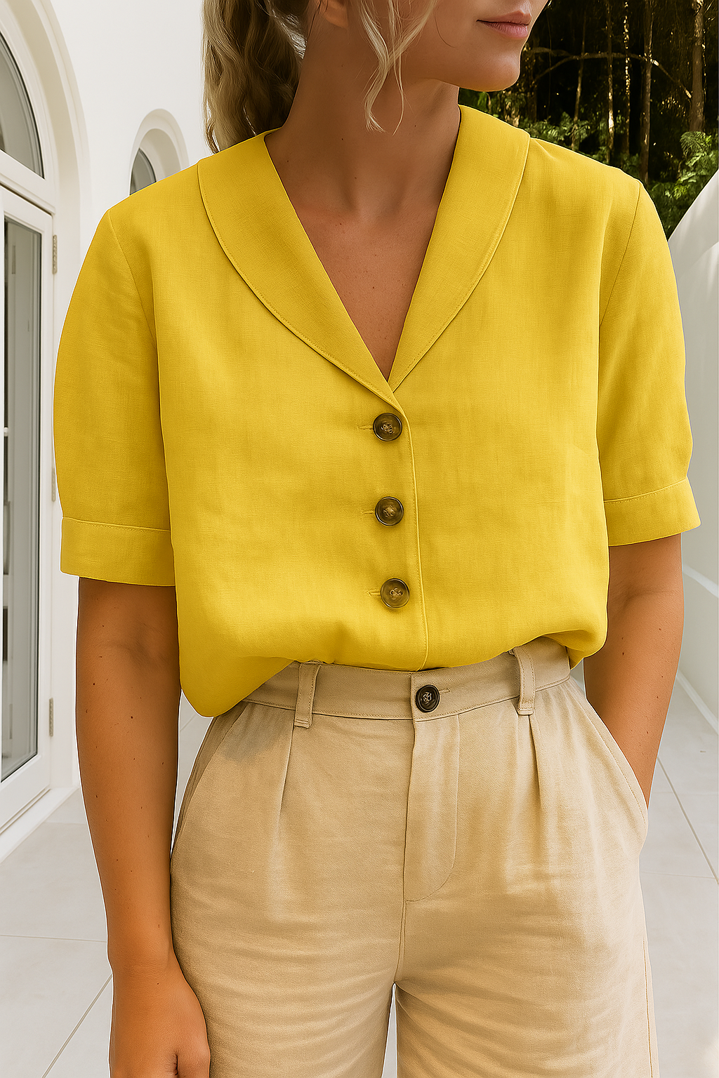 Trendy katoenen-linnen dames T-shirt Maria, regular fit, klassieke effen kleuren, envelophals met elegante knoopjes.