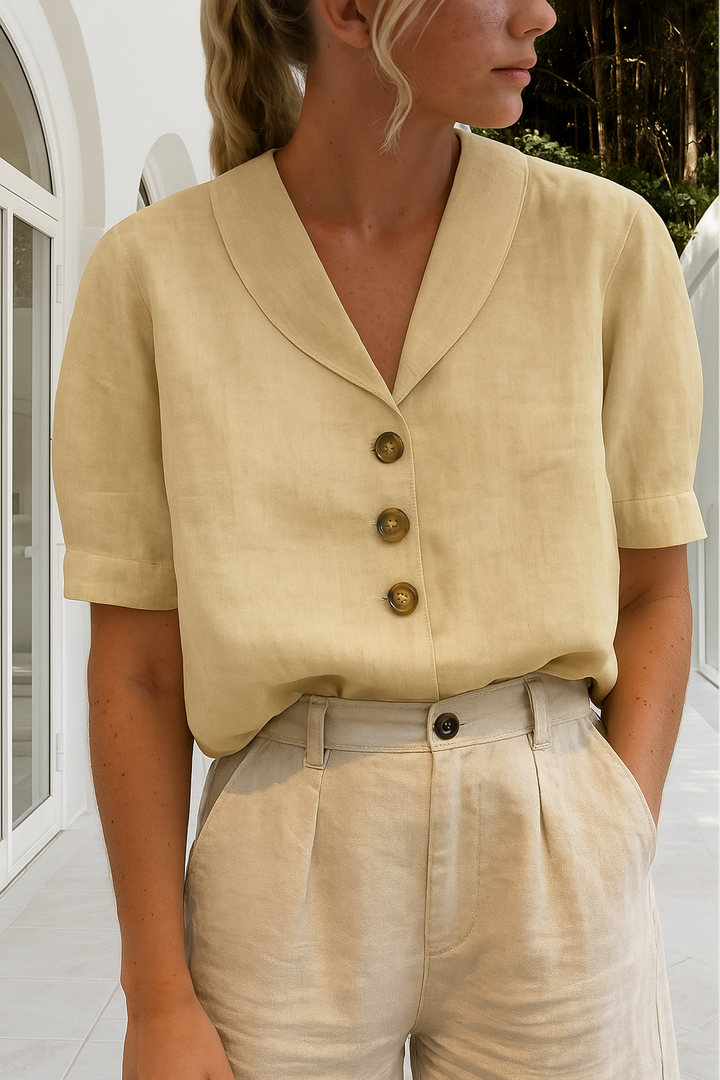 Trendy katoenen-linnen dames T-shirt Maria, regular fit, klassieke effen kleuren, envelophals met elegante knoopjes.