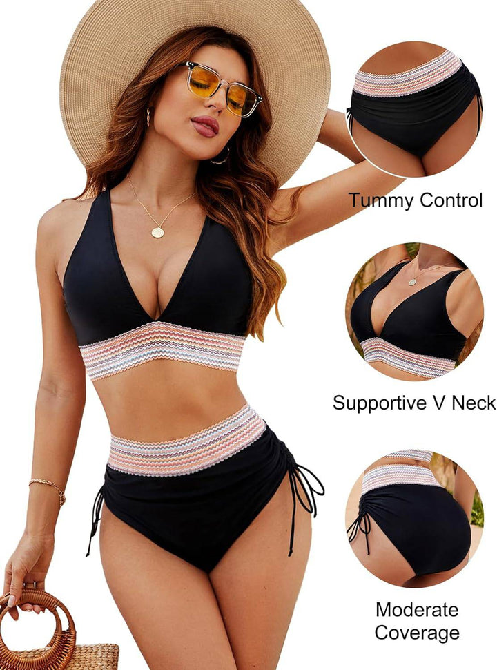 "Trendy verstelbare damesbikini, wine red, met high-waisted design en kleurblokken voor elegantie en comfort."
