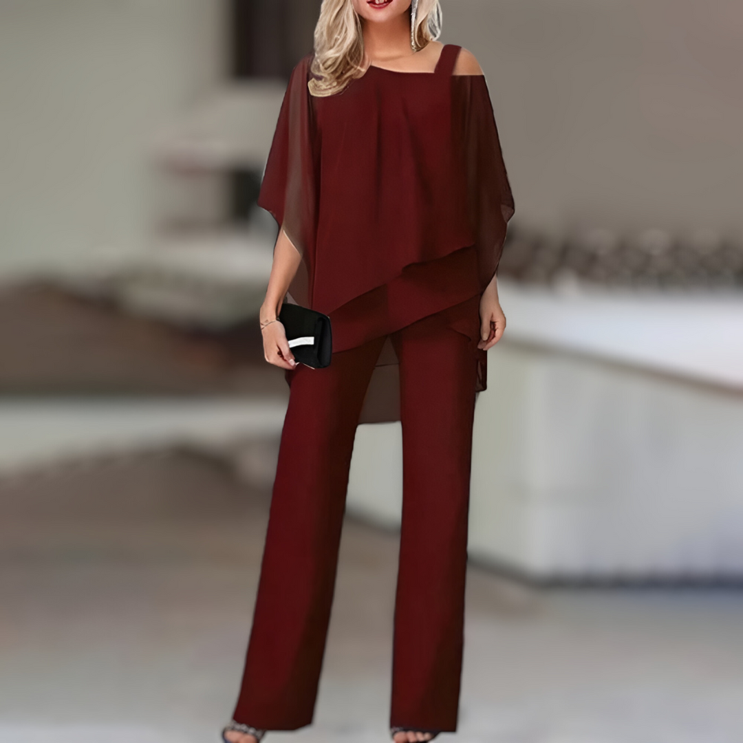 "Tweedelige dames set met off-shoulder top en broek, elegante stijl in diverse kleuren, geschikt voor elke gelegenheid."