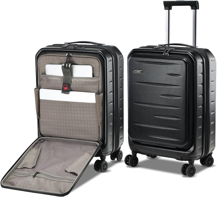Functionele reisbagage met voorklep voor snelle toegang en ingebouwd TSA-slot voor beveiliging.
