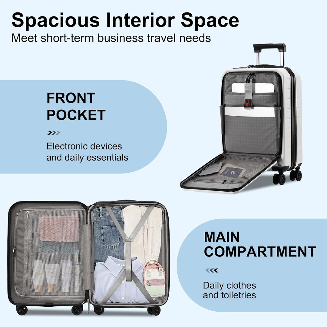 Handige carry-on koffer met voorklep, uitbreidbaar en uitgerust met dubbele spinnerwielen en TSA-slot.