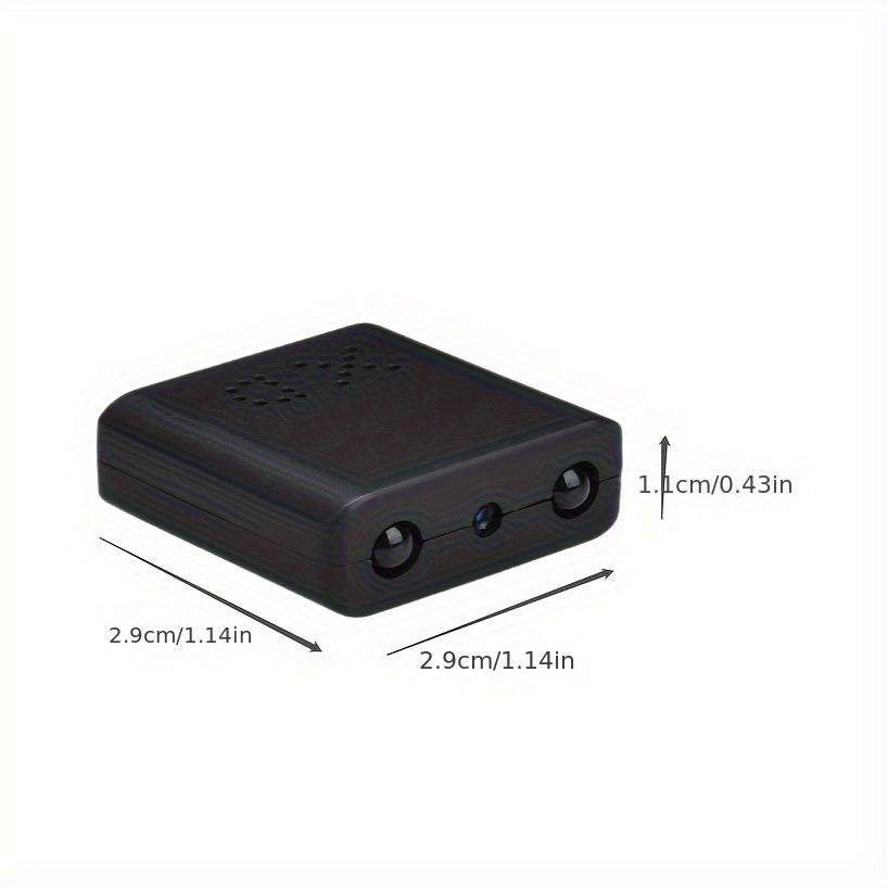 Mini camera, zwart, compact ontwerp met discrete lens en robuuste behuizing, met Full HD, nachtzicht en bewegingsdetectie.