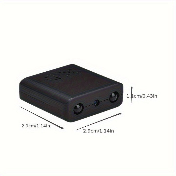 Mini camera, zwart, compact ontwerp met discrete lens en robuuste behuizing, met Full HD, nachtzicht en bewegingsdetectie.