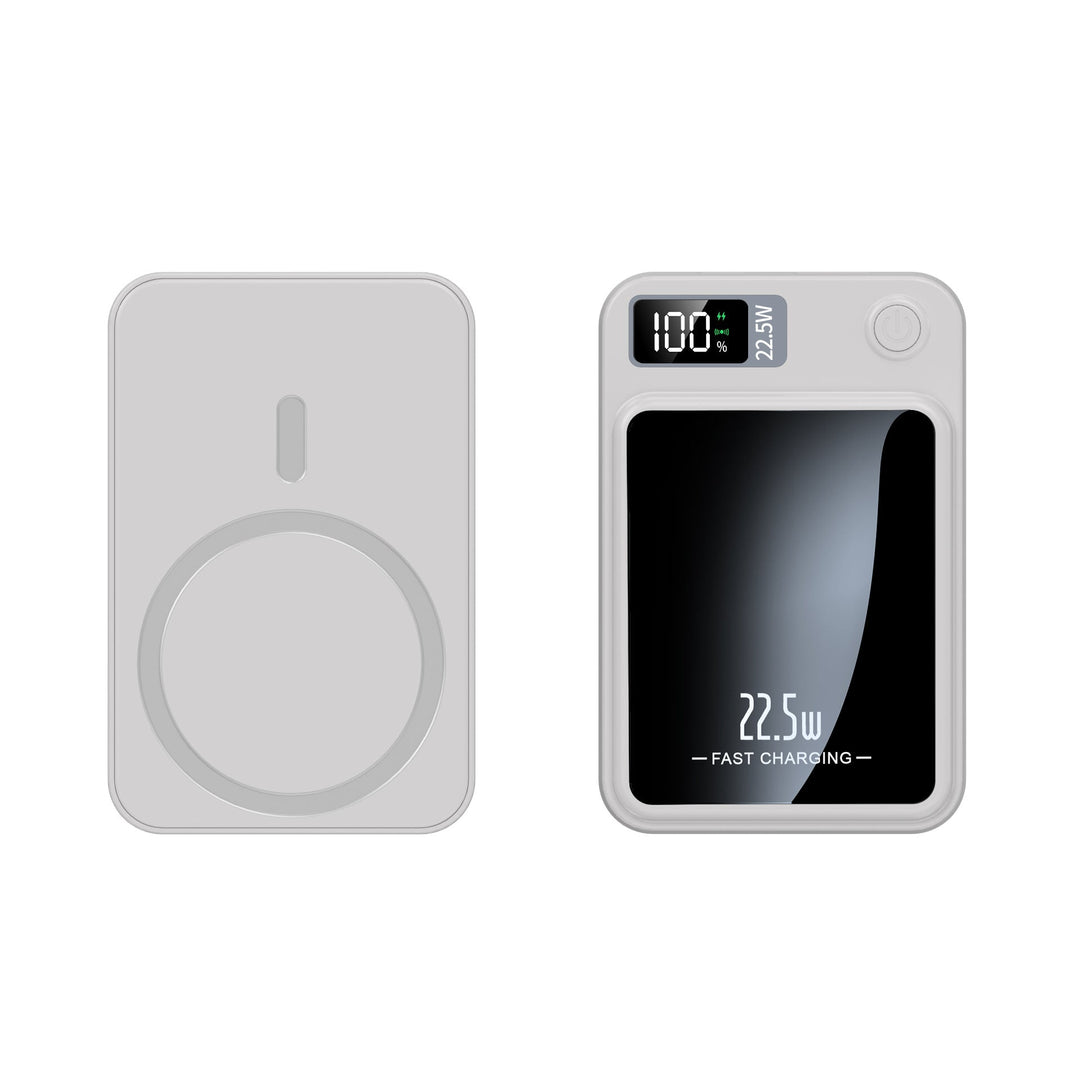 Universele powerbank snellader met draadloze oplaadfunctie voor telefoons en tablets.