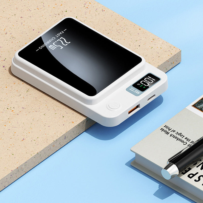Compacte draadloze powerbank snellader, ideaal voor mobiel opladen onderweg of op reis.