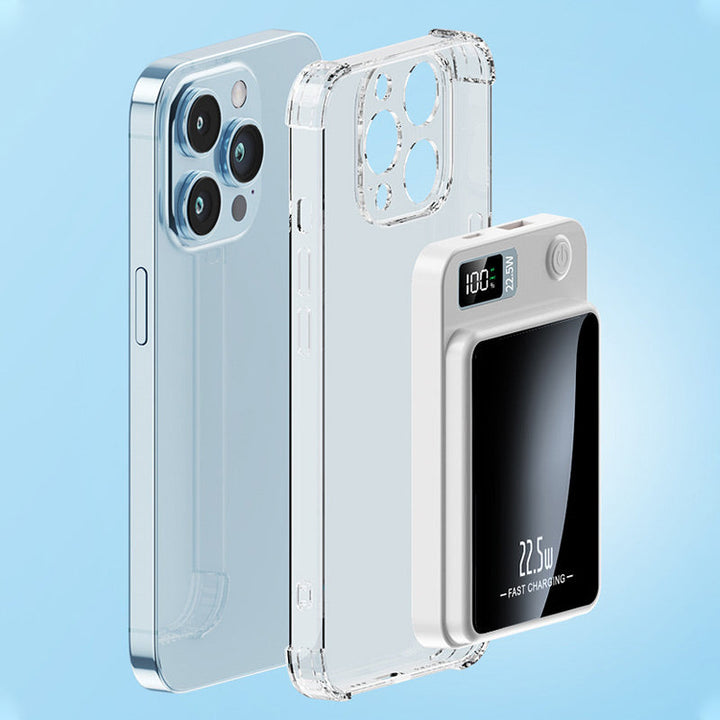 Zwarte universele powerbank met snellader en draadloos opladen, perfect voor smartphone en tablet.