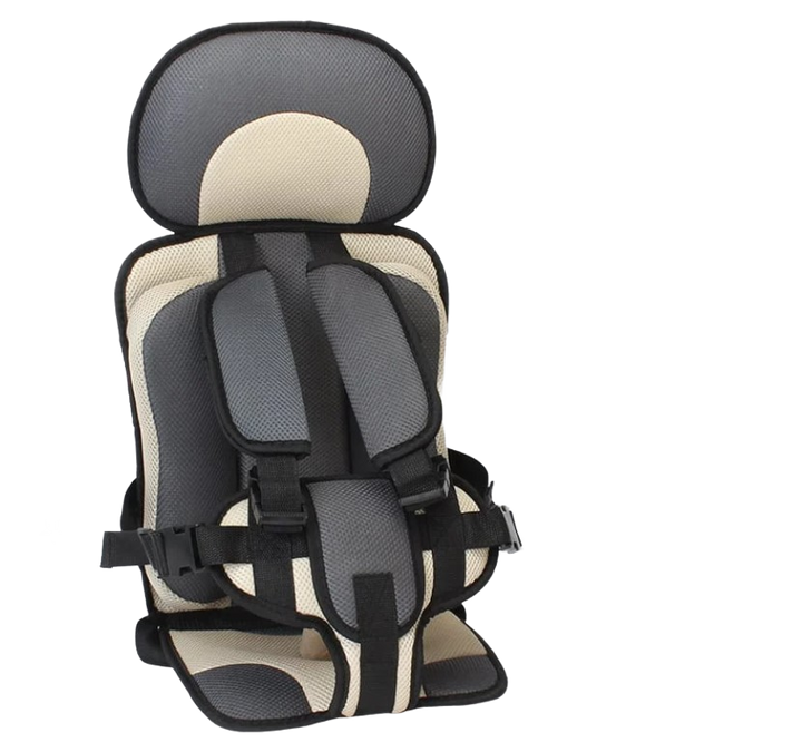 "Veilig verstelbaar autostoeltje, stijlvol beige met gordelsysteem, voor comfort en bescherming van baby tot peuter."