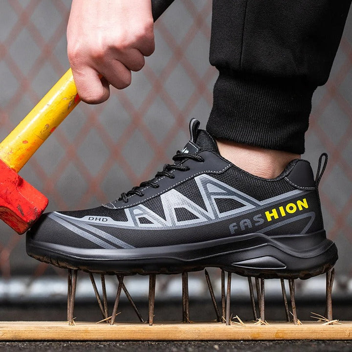 Veiligheidsschoenen S3 voor mannen, grijs en zwart, met brede veiligheidsneus, antislipzolen en stalen neus voor bescherming.