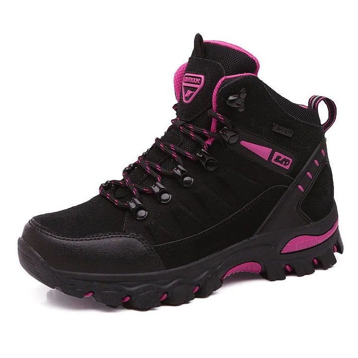Veiligheidswerkschoenen voor dames, waterdicht en antislip, met versterkte enkelondersteuning en ronde teen, grijs.