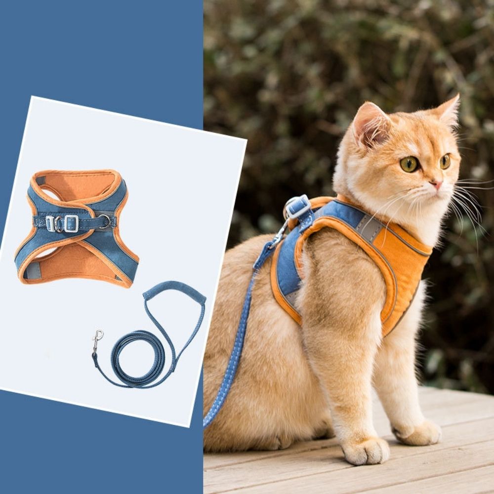 "Verstelbaar kattentuigje Oscar, ontsnappingsvrij, met fluweelzachte ademende stof in diverse stijlvolle kleuren."