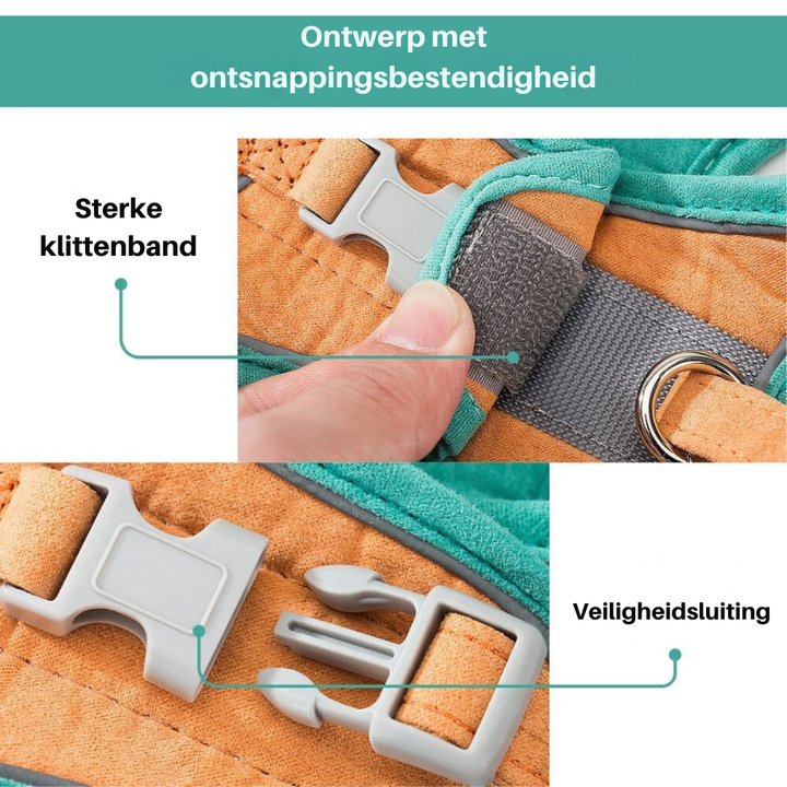 "Verstelbaar kattentuigje Oscar, ontsnappingsvrij, met fluweelzachte ademende stof in diverse stijlvolle kleuren."