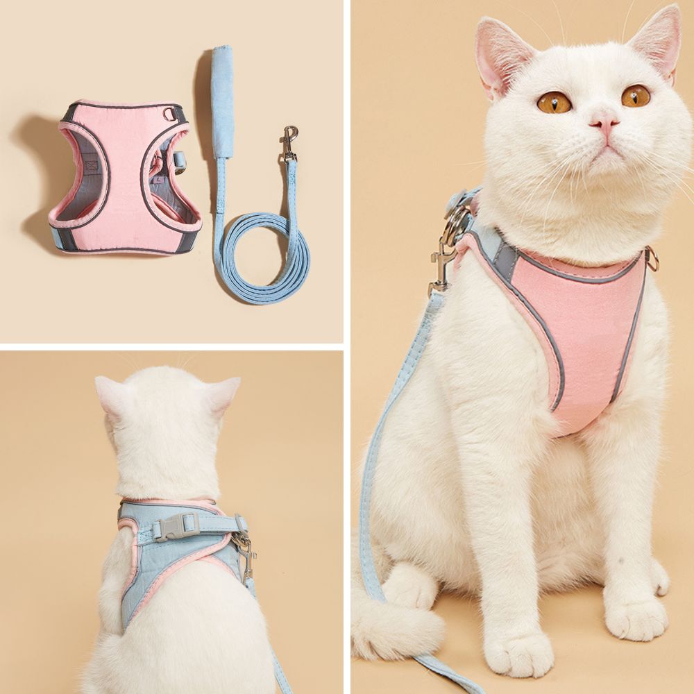 "Verstelbaar kattentuigje Oscar, ontsnappingsvrij, met fluweelzachte ademende stof in diverse stijlvolle kleuren."