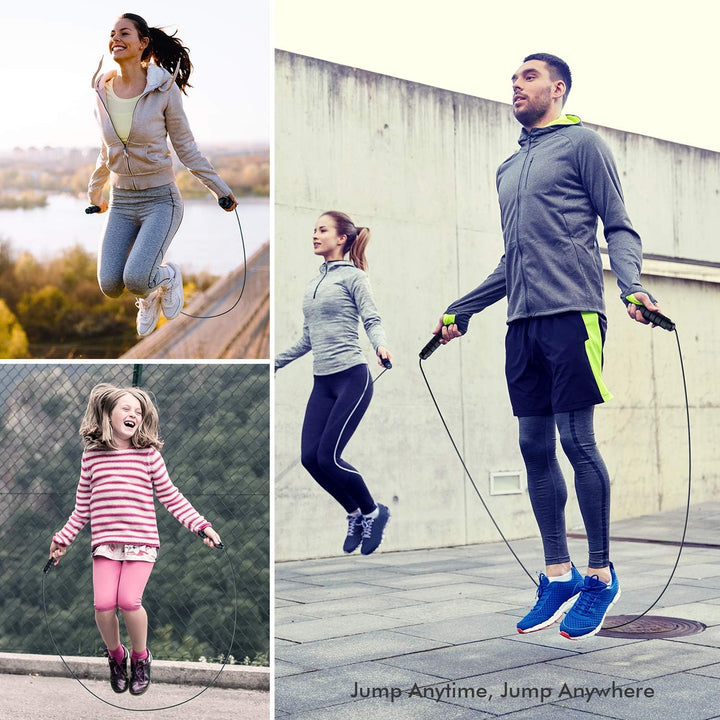 "Verstelbaar springtouw fitness met tangle-free ontwerp, kogellagers, staalconstructie en comfortabele foam handvaten."