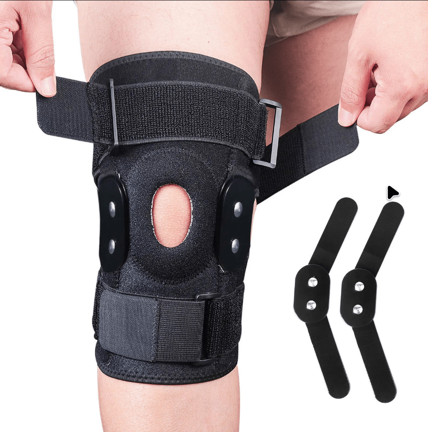 "Verstelbare kniebrace met scharnieren; ademend sportontwerp voor optimale knieondersteuning en comfort."