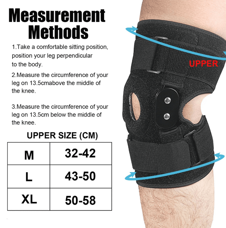 "Verstelbare kniebrace met scharnieren; ademend sportontwerp voor optimale knieondersteuning en comfort."