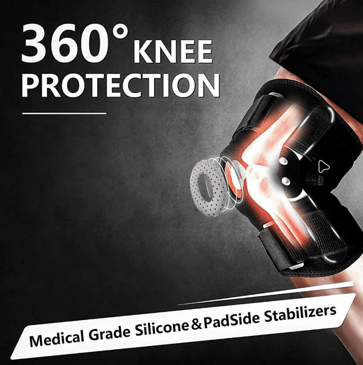 "Verstelbare kniebrace met scharnieren; ademend sportontwerp voor optimale knieondersteuning en comfort."