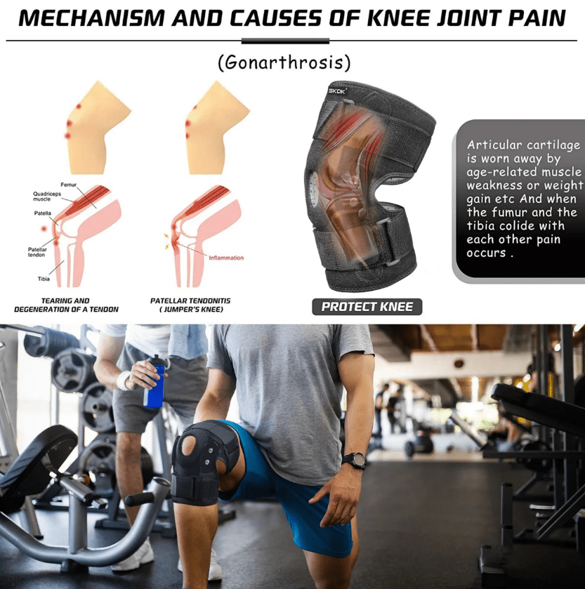 "Verstelbare kniebrace met scharnieren; ademend sportontwerp voor optimale knieondersteuning en comfort."