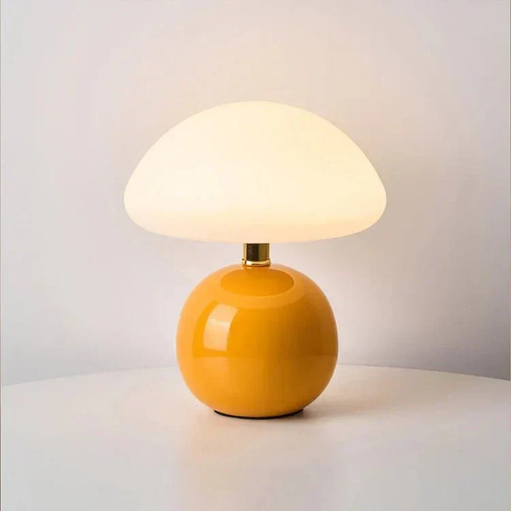 "Verstelbare LED paddenstoel lamp in modern design, keramiek en PVC, voor elegante sfeer in huis of kantoor."