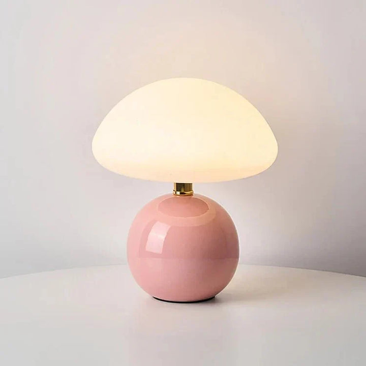 "Verstelbare LED paddenstoel lamp in modern design, keramiek en PVC, voor elegante sfeer in huis of kantoor."
