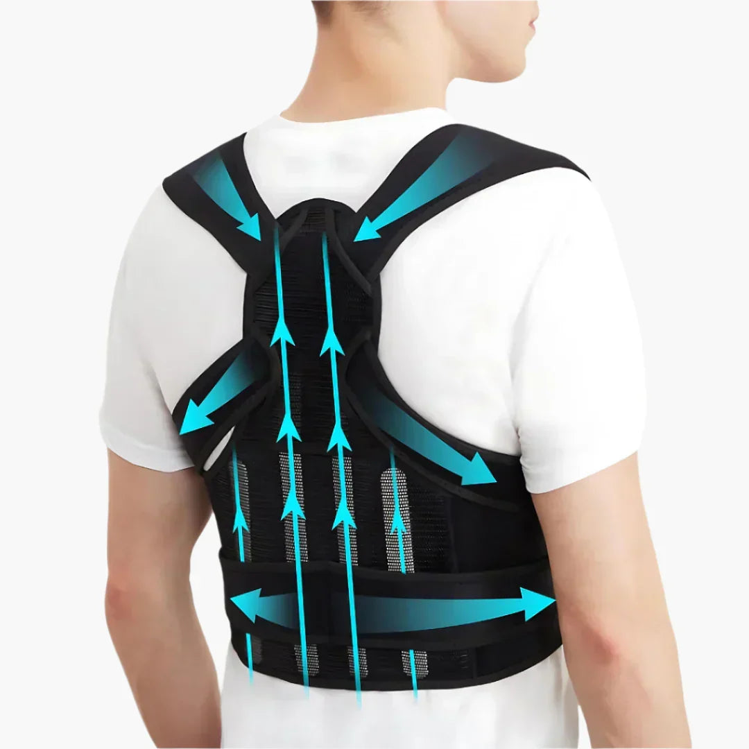 "Verstelbare rugbrace met ademend materiaal voor houdingscorrectie. Zwart, comfortabel en onzichtbaar onder kleding."