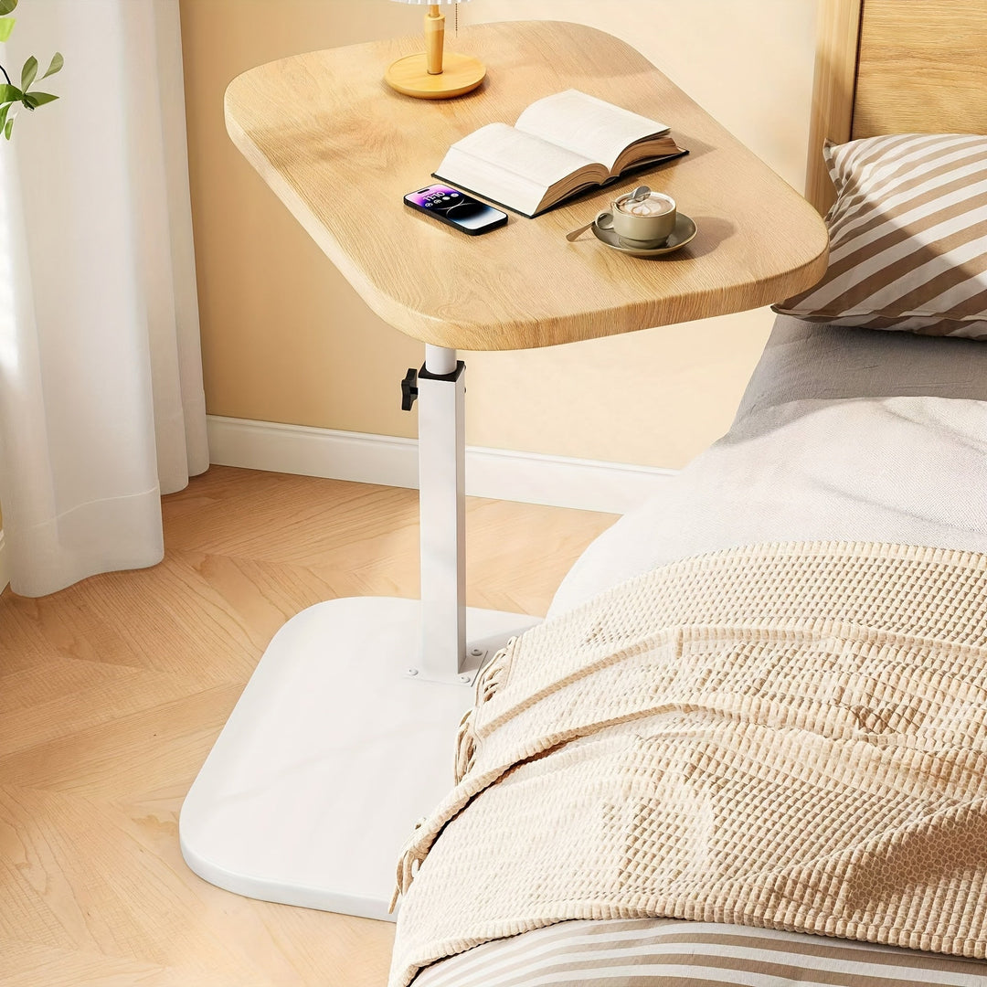 "Verstelbare zijkant tafel met houten blad en metalen frame, in hoogte verstelbaar, perfect voor naast bank of bed."