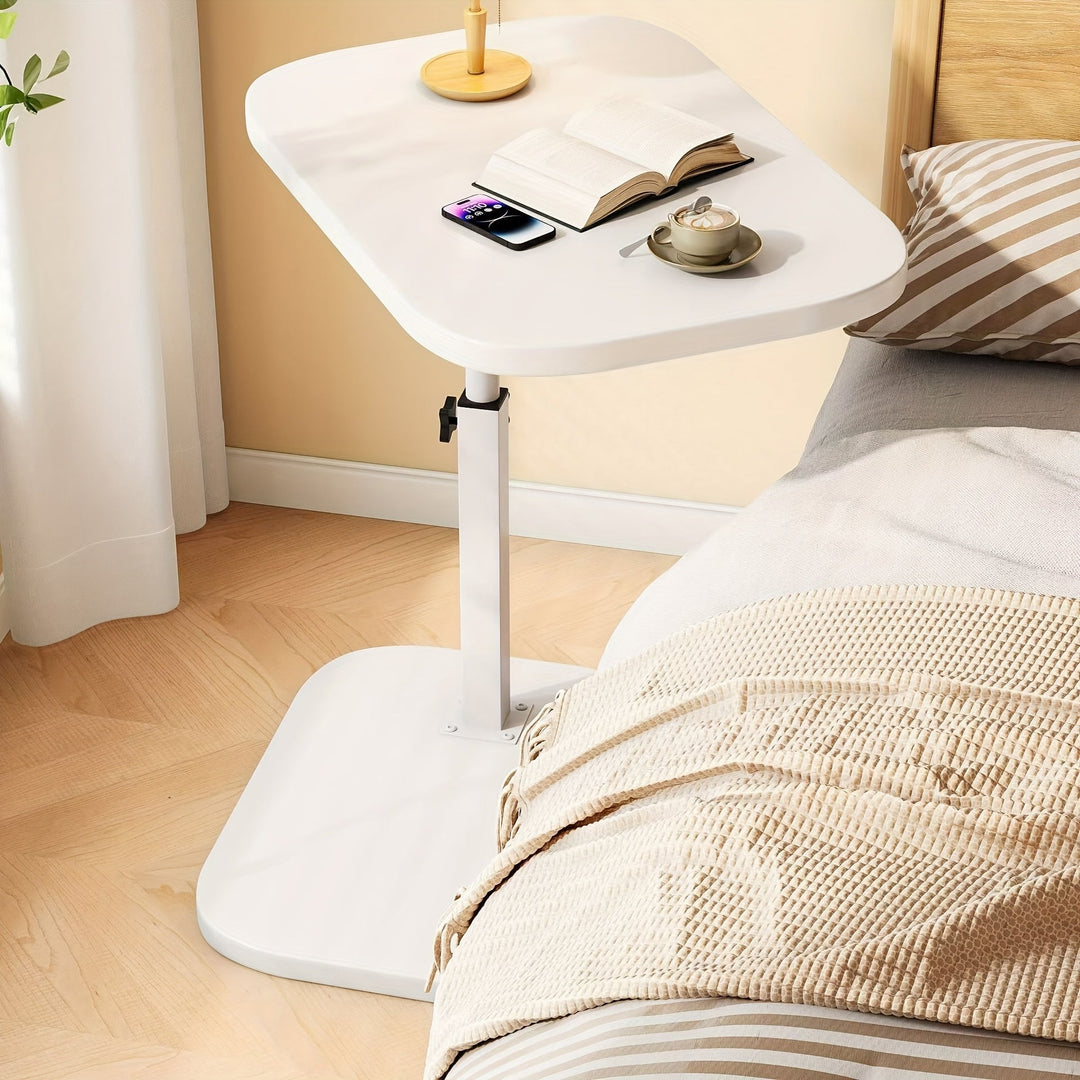 "Verstelbare zijkant tafel met houten blad en metalen frame, in hoogte verstelbaar, perfect voor naast bank of bed."