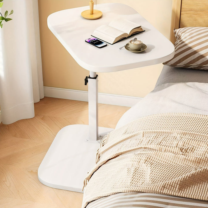 "Verstelbare zijkant tafel met houten blad en metalen frame, in hoogte verstelbaar, perfect voor naast bank of bed."