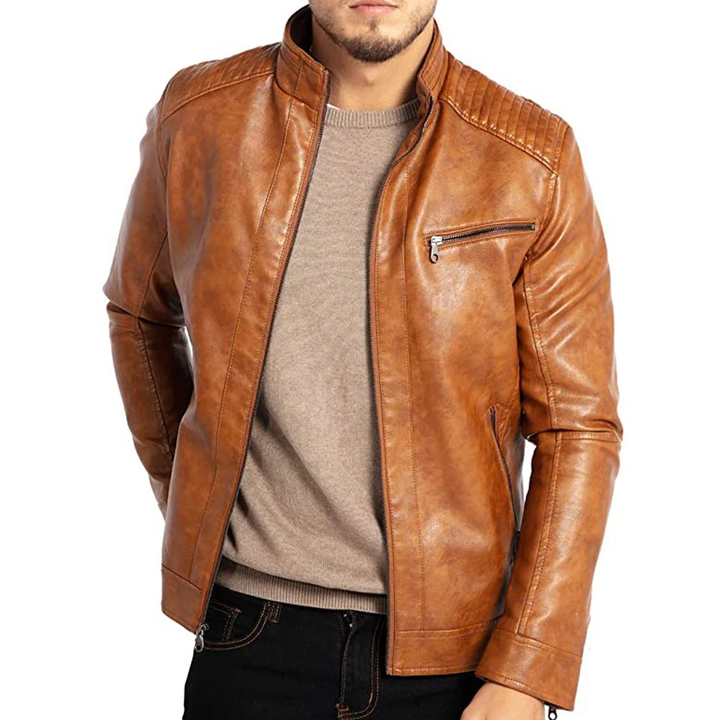 "Vintage herenleren jack in retro stijl, zichtbaar in bruin, groen en blauw; duurzaam leer met klassieke uitstraling."