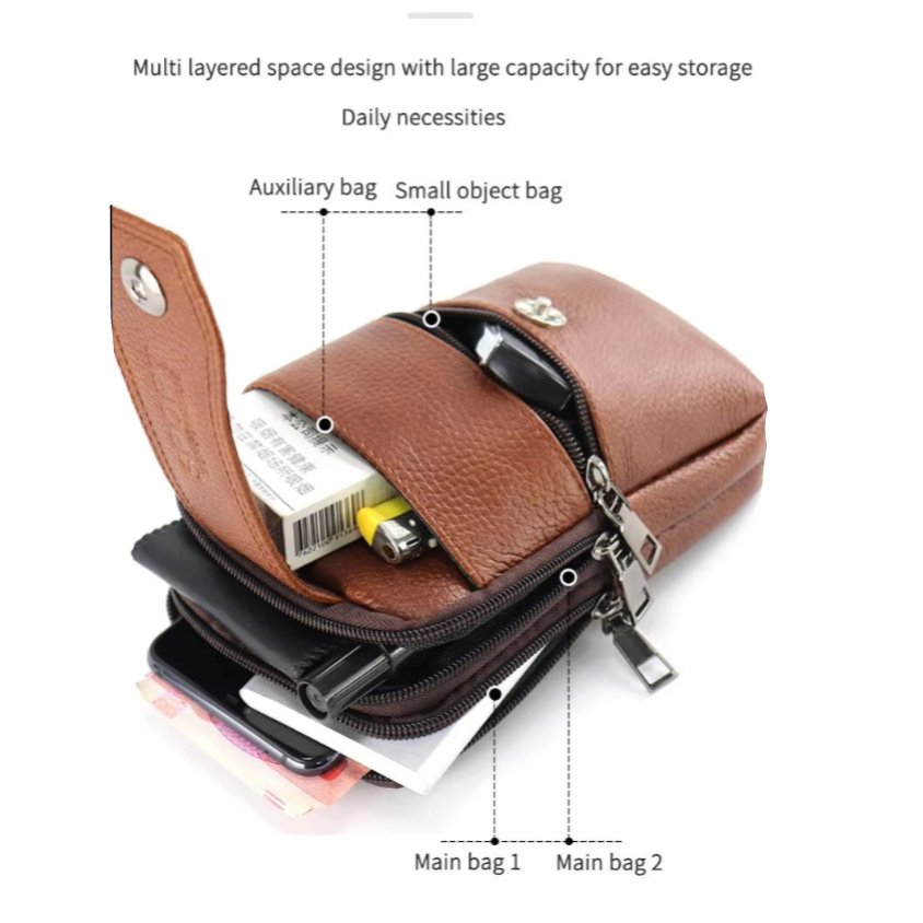 "Vintage leren heren crossbody heuptas met verstelbare band, stijlvolle bruine tas met ruime vakken en robuust ontwerp."