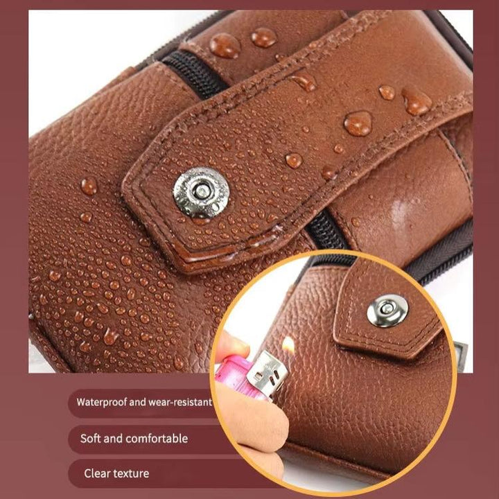 "Vintage leren heren crossbody heuptas met verstelbare band, stijlvolle bruine tas met ruime vakken en robuust ontwerp."