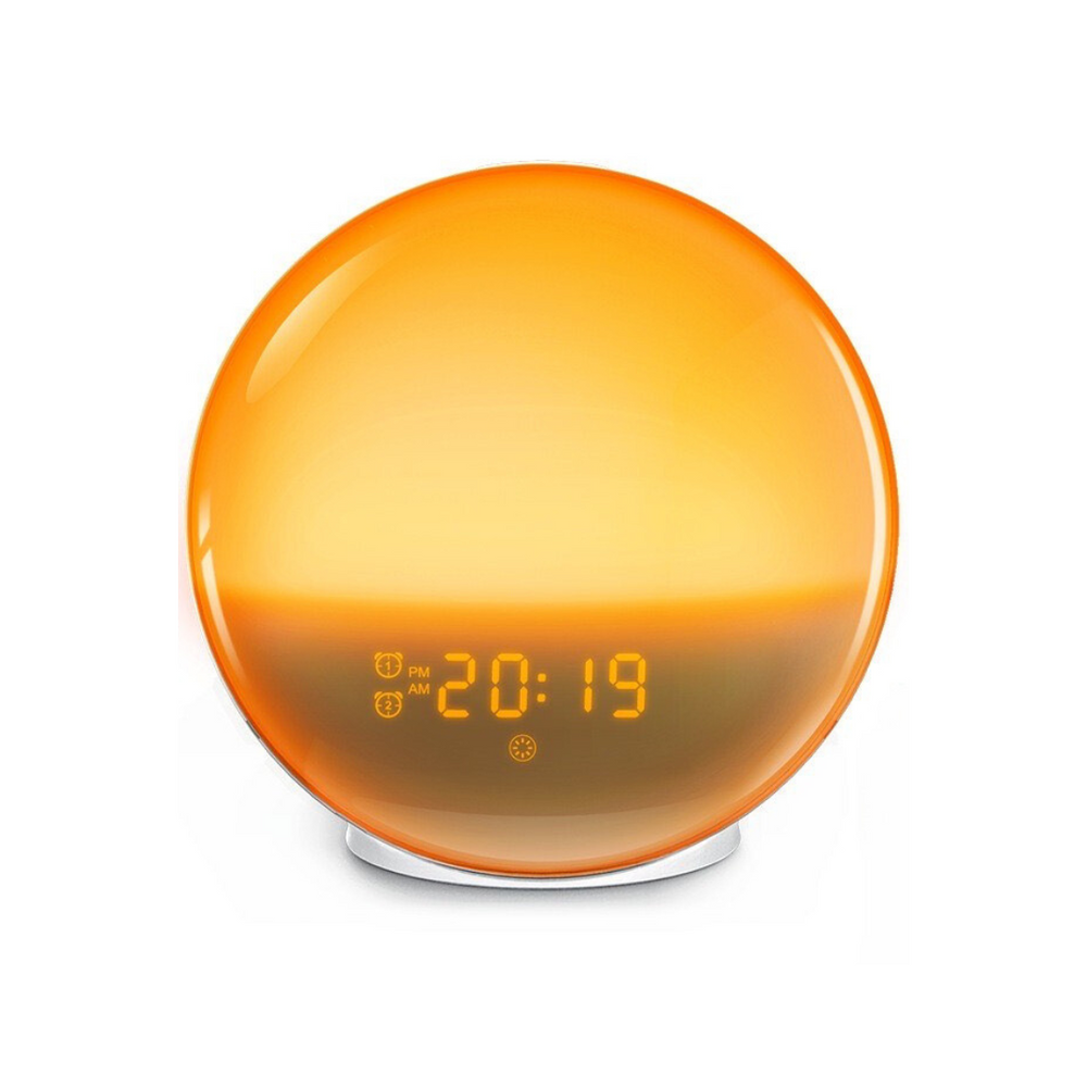 "Wake-up Light met zonsopgangsimulatie, natuurlijke kleuren, rustgevende geluiden voor een zachte en serene ontwaking."