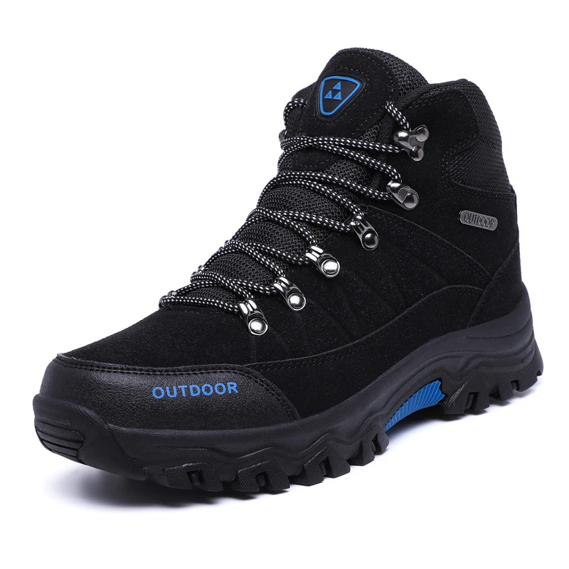 "Wandelschoenen heren, waterdicht en slipvast, robuust design in zwart-blauw; ideaal voor outdooractiviteiten."