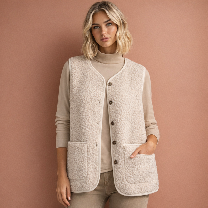 Beige mouwloos damesgilet met knopen, perfect als warme laag in herfst en winteroutfits. Comfortabel en trendy.