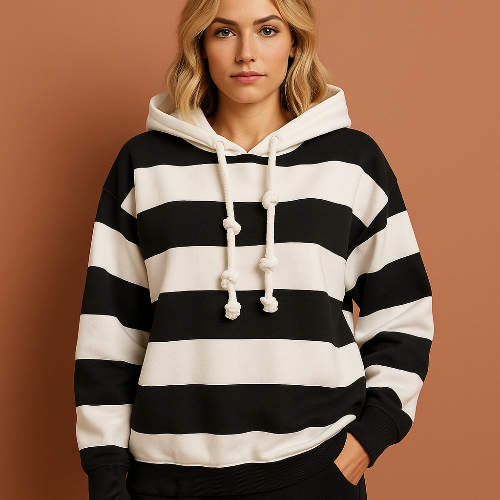 Modieuze dames trui met capuchon, heerlijk warm voor koude dagen. Ideale herfst/winter hoodie.