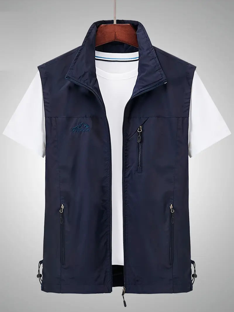 "Waterdicht heren vest, mouwloos, met rits. Ideaal voor regenachtige dagen. Blauw, groen, zwart opties. Comfortabel en stijlv