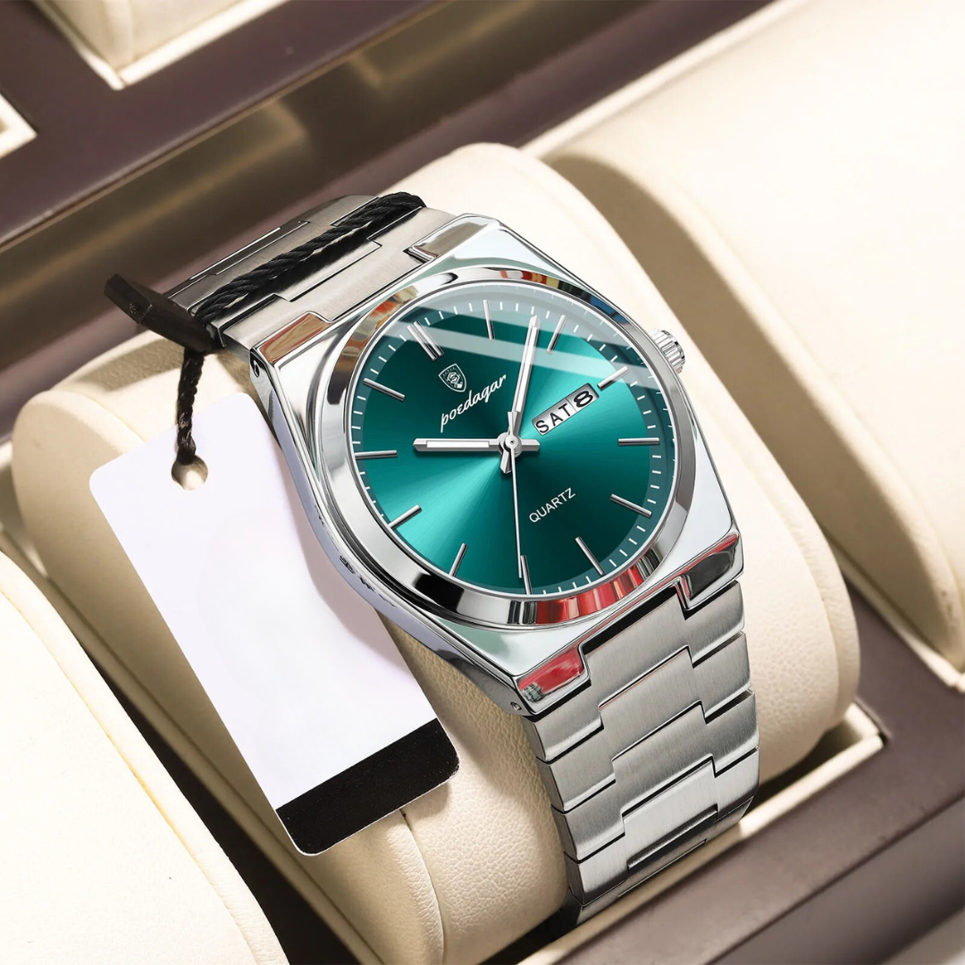 "Waterdicht roestvrijstalen herenhorloge, rond, zilverkleurig, elegant ontwerp met lichtgevende wijzers, 40mm wijzerplaat."