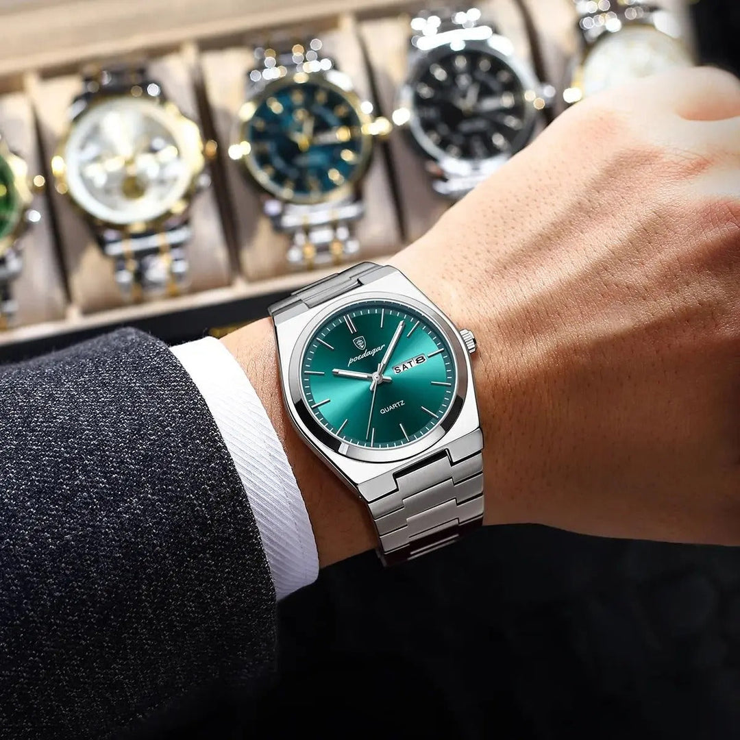 "Waterdicht roestvrijstalen herenhorloge, rond, zilverkleurig, elegant ontwerp met lichtgevende wijzers, 40mm wijzerplaat."