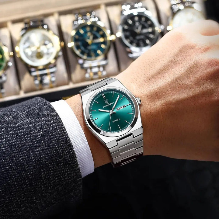 "Waterdicht roestvrijstalen herenhorloge, rond, zilverkleurig, elegant ontwerp met lichtgevende wijzers, 40mm wijzerplaat."