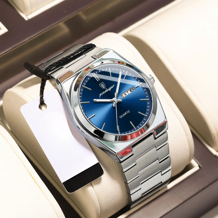 "Waterdicht roestvrijstalen herenhorloge, rond, zilverkleurig, elegant ontwerp met lichtgevende wijzers, 40mm wijzerplaat."